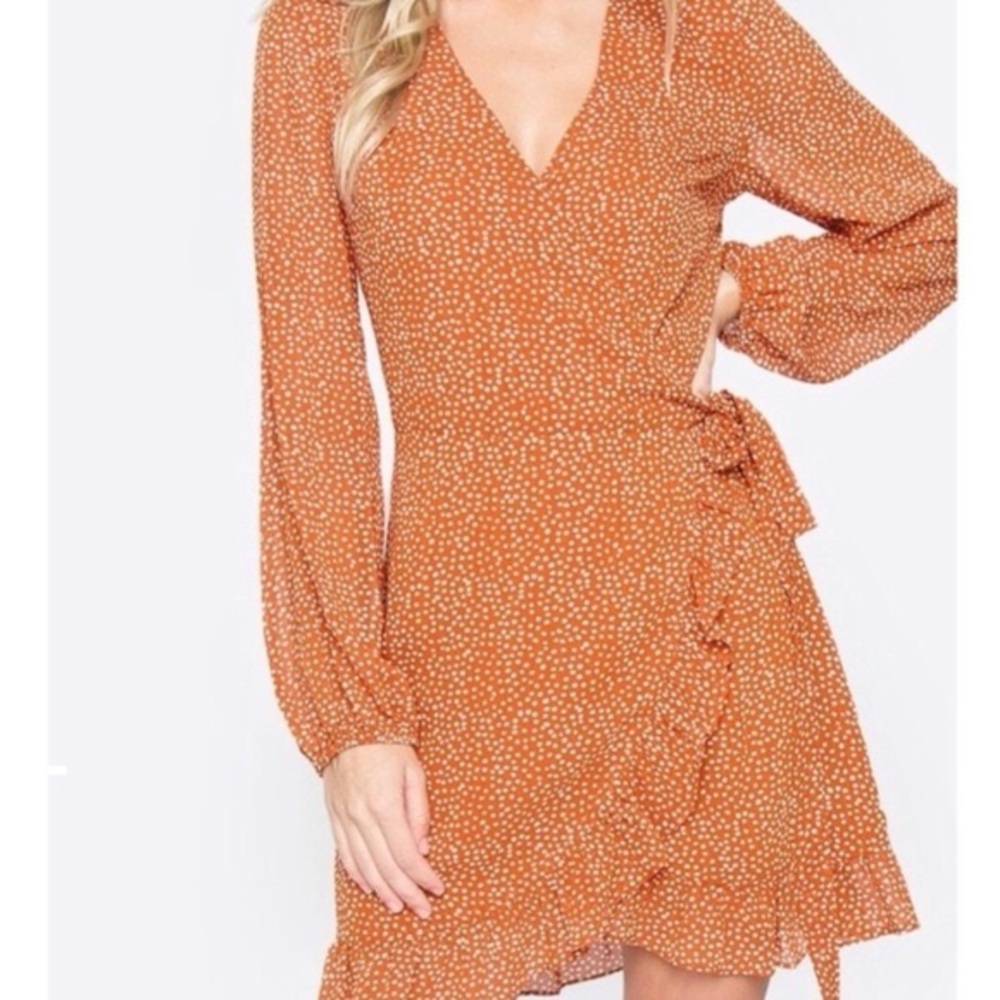 Womens Sugar Lips Wrap Dress Ruffle Edge Burnt Orange Size S